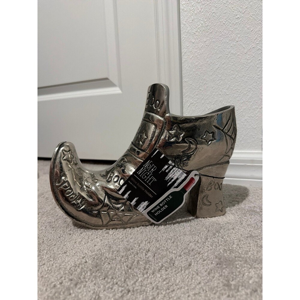 NEW Noir Night Stainless Silver Witch Boot Wine Holder Flower Vase Halloween Dec